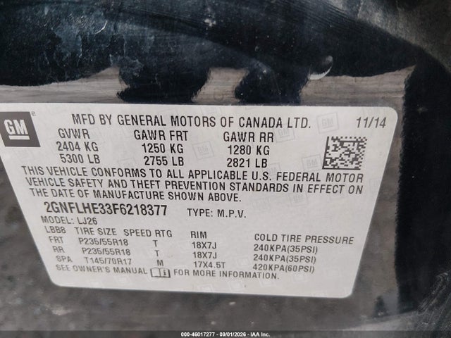 Продаж на аукціоні авто 2015 Chevrolet Equinox Ltz, vin: 2GNFLHE33F6218377, номер лоту: 46017277