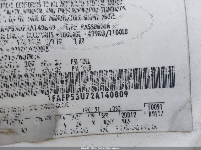 46017292 :رقم المزاد ، 1FAFP53U72A140809 vin ، 2002 Ford Taurus Se مزاد بيع