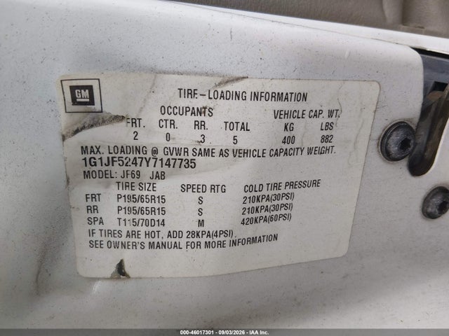46017301 :رقم المزاد ، 1G1JF5247Y7147735 vin ، 2000 Chevrolet Cavalier Ls مزاد بيع