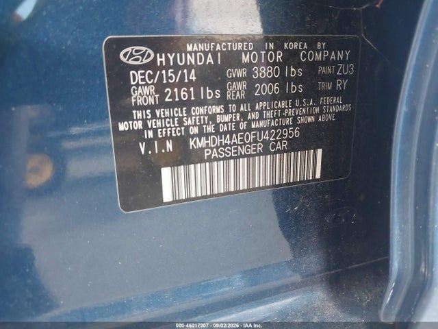Aukcja sprzedaży 2015 Hyundai Elantra Se, vin: KMHDH4AE0FU422956, numer aukcji: 46017307
