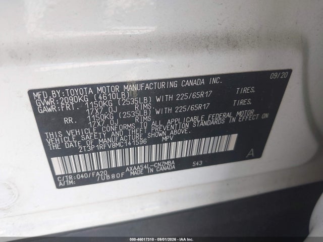 46017310 :رقم المزاد ، 2T3P1RFV8MC141596 vin ، 2021 Toyota Rav4 Xle مزاد بيع