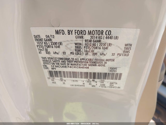 Продажа на аукционе авто 2012 Ford Escape Limited, vin: 1FMCU0E74CKC64544, номер лота: 46017324