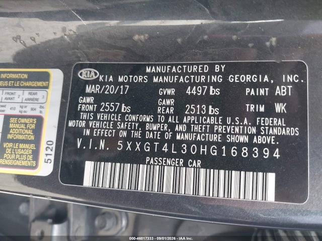 Aukcja sprzedaży 2017 Kia Optima Lx, vin: 5XXGT4L30HG168394, numer aukcji: 46017333