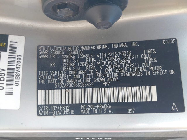Aukcja sprzedaży 2005 Toyota Sienna Le, vin: 5TDZA23C95S285422, numer aukcji: 46017335