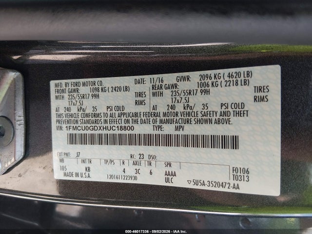 Продажа на аукционе авто 2017 Ford Escape Se, vin: 1FMCU0GDXHUC18800, номер лота: 46017336