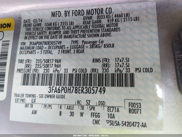Aukcja sprzedaży 2014 Ford Fusion Se, vin: 3FA6P0H78ER305749, numer aukcji: 46017348