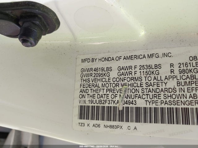 2019 Acura Tlx Standard მანქანა იყიდება აუქციონზე, vin: 19UUB2F37KA004943, აუქციონის ნომერი: 46017363