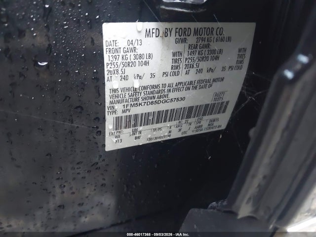 46017368 :رقم المزاد ، 1FM5K7D85DGC57530 vin ، 2013 Ford Explorer Xlt مزاد بيع