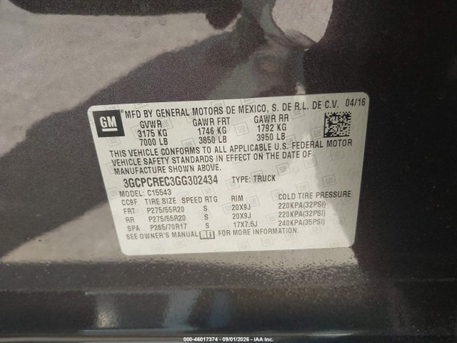 Aukcja sprzedaży 2016 Chevrolet Silverado 1500 Lt, vin: 3GCPCREC3GG302434, numer aukcji: 46017374