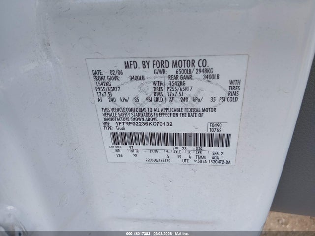 46017383 :رقم المزاد ، 1FTRF02236KC70132 vin ، 2006 Ford F-150 Stx/xlt مزاد بيع