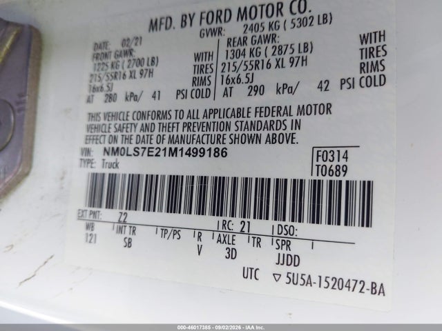 Aukcja sprzedaży 2021 Ford Transit Connect Xl, vin: NM0LS7E21M1499186, numer aukcji: 46017385