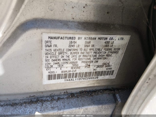 2005 Nissan Altima 2.5 S მანქანა იყიდება აუქციონზე, vin: 1N4AL11D75C269529, აუქციონის ნომერი: 46017397