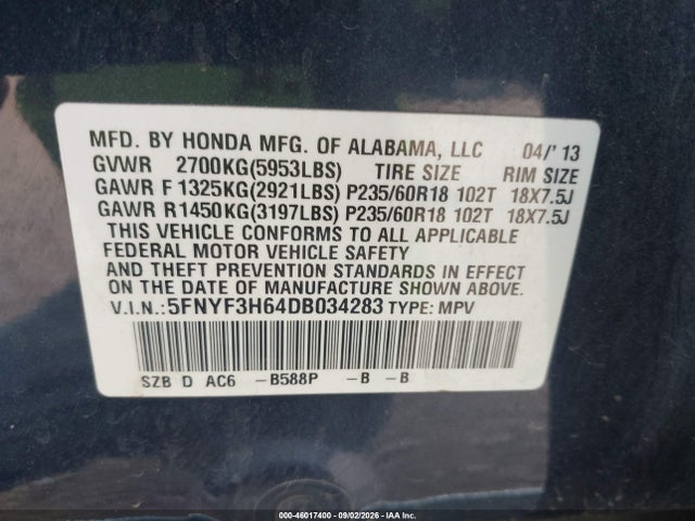 46017400 :رقم المزاد ، 5FNYF3H64DB034283 vin ، 2013 Honda Pilot Ex-l مزاد بيع