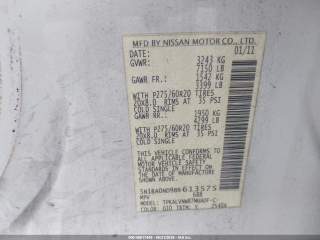 Продажа на аукционе авто 2011 Nissan Armada Sl, vin: 5N1BA0ND9BN613575, номер лота: 46017409