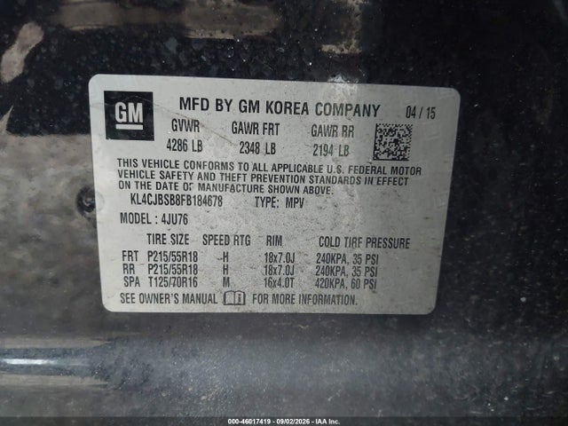 Aukcja sprzedaży 2015 Buick Encore Convenience, vin: KL4CJBSB8FB184678, numer aukcji: 46017419