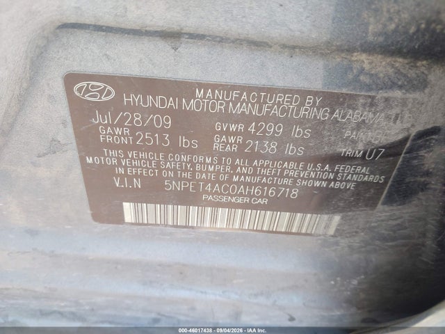 46017438 :رقم المزاد ، 5NPET4AC0AH616718 vin ، 2010 Hyundai Sonata Gls مزاد بيع