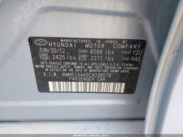 46017440 :رقم المزاد ، KMHEC4A43CA038578 vin ، 2012 Hyundai Sonata Hybrid مزاد بيع