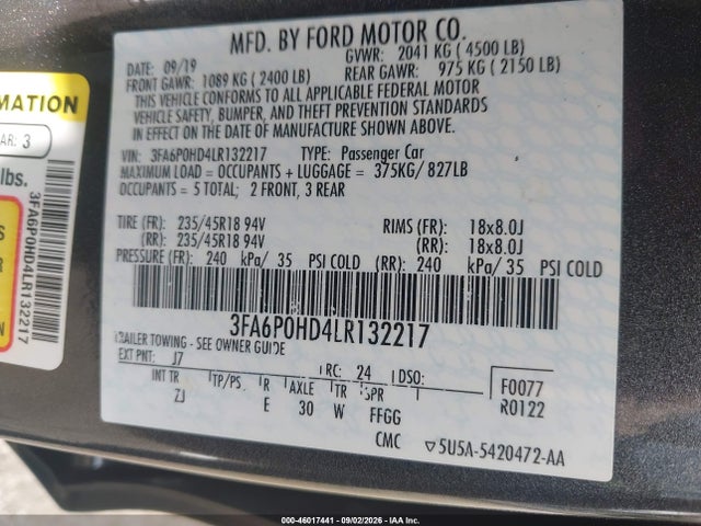 Продажа на аукционе авто 2020 Ford Fusion Se, vin: 3FA6P0HD4LR132217, номер лота: 46017441