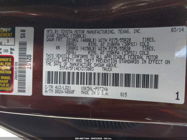 46017444 :رقم المزاد ، 5TFAY5F14EX373003 vin ، 2014 Toyota Tundra 1794 5.7l V8 مزاد بيع