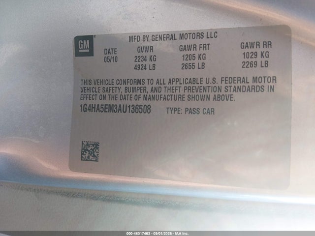 Продаж на аукціоні авто 2010 Buick Lucerne Cx, vin: 1G4HA5EM3AU136508, номер лоту: 46017463