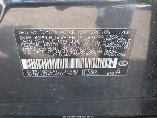 46017466 :رقم المزاد ، JTHBJ46G392298920 vin ، 2009 Lexus Es 350 مزاد بيع