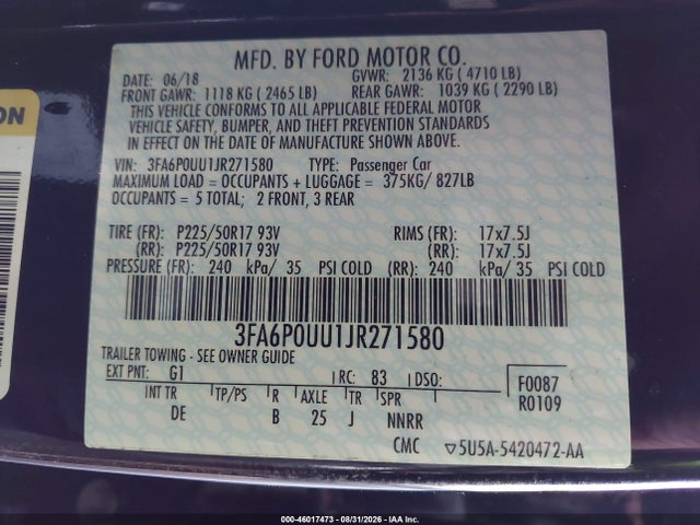 Продажа на аукционе авто 2018 Ford Fusion Hybrid S, vin: 3FA6P0UU1JR271580, номер лота: 46017473
