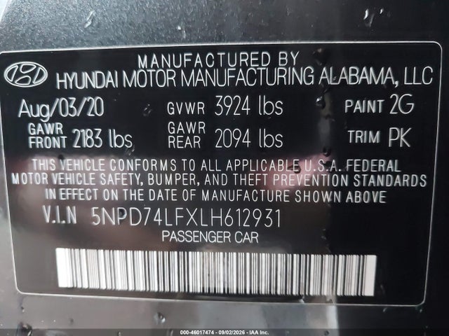 Auction sale of the 2020 Hyundai Elantra Se, vin: 5NPD74LFXLH612931, lot number: 46017474