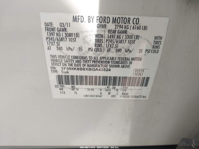 Aukcja sprzedaży 2011 Ford Explorer, vin: 1FMHK8B8XBGA43524, numer aukcji: 46017476