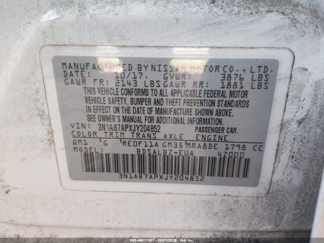 Продажа на аукционе авто 2018 Nissan Sentra S, vin: 3N1AB7APXJY204852, номер лота: 46017487