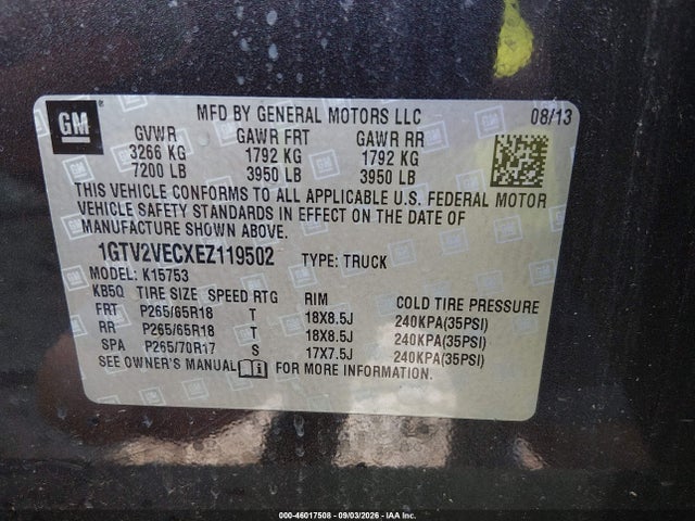 Aukcja sprzedaży 2014 Gmc Sierra 1500 Slt, vin: 1GTV2VECXEZ119502, numer aukcji: 46017508