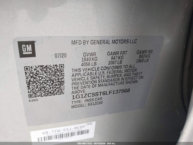 Aukcja sprzedaży 2020 Chevrolet Malibu Fwd 1fl, vin: 1G1ZC5ST6LF137568, numer aukcji: 46017522