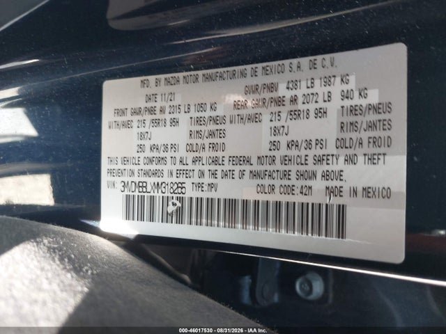 46017530 :رقم المزاد ، 3MVDMBBLXMM318265 vin ، 2021 Mazda Cx-30 Select مزاد بيع