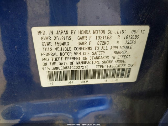 46017539 :رقم المزاد ، JHMGE8H34CC037213 vin ، 2012 Honda Fit مزاد بيع