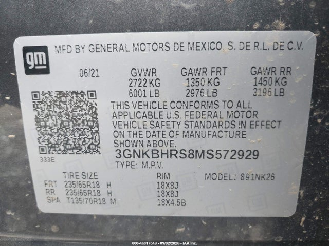 46017549 :رقم المزاد ، 3GNKBHRS8MS572929 vin ، 2021 Chevrolet Blazer Awd 2lt مزاد بيع
