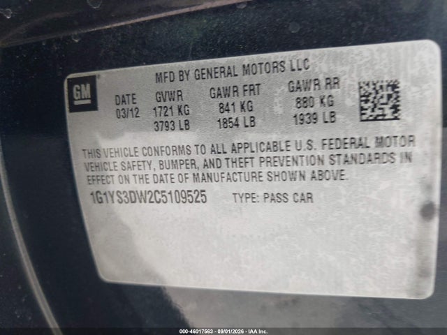 46017563 :رقم المزاد ، 1G1YS3DW2C5109525 vin ، 2012 Chevrolet Corvette Grand Sport مزاد بيع