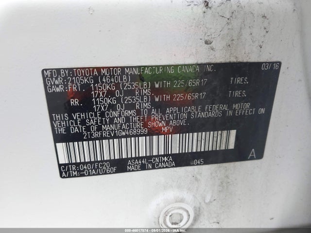 46017574 :رقم المزاد ، 2T3RFREV1GW468999 vin ، 2016 Toyota Rav4 Xle مزاد بيع