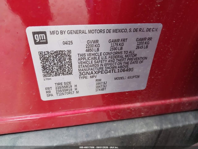 Продажа на аукционе авто 2026 Chevrolet Equinox Awd Lt, vin: 3GNAXPEG4TL106495, номер лота: 46017586