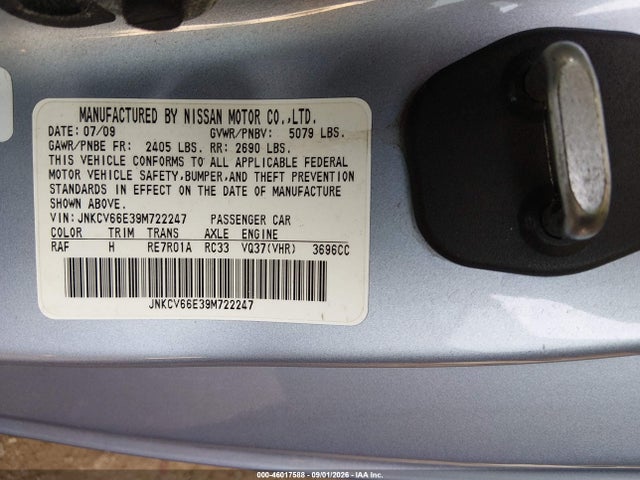 46017588 :رقم المزاد ، JNKCV66E39M722247 vin ، 2009 Infiniti G37 مزاد بيع