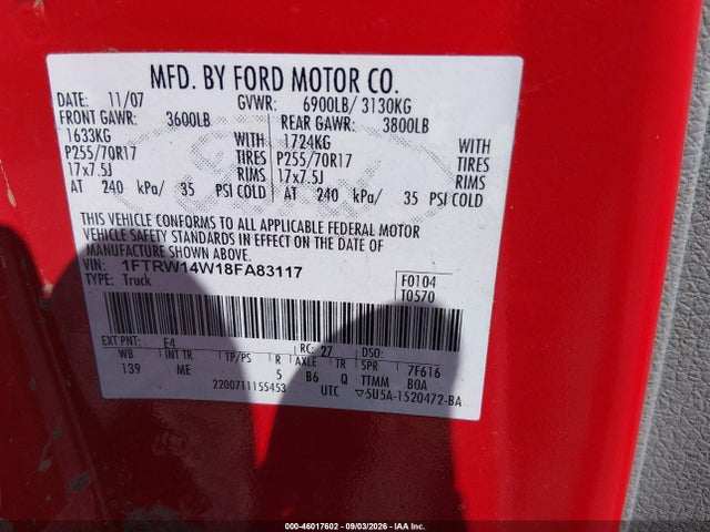 2008 Ford F-150 60th Anniversary/xl/xlt მანქანა იყიდება აუქციონზე, vin: 1FTRW14W18FA83117, აუქციონის ნომერი: 46017602
