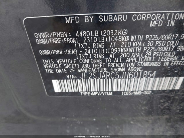 Продаж на аукціоні авто 2018 Subaru Forester 2.5i Limited, vin: JF2SJARC5JH601854, номер лоту: 46017631