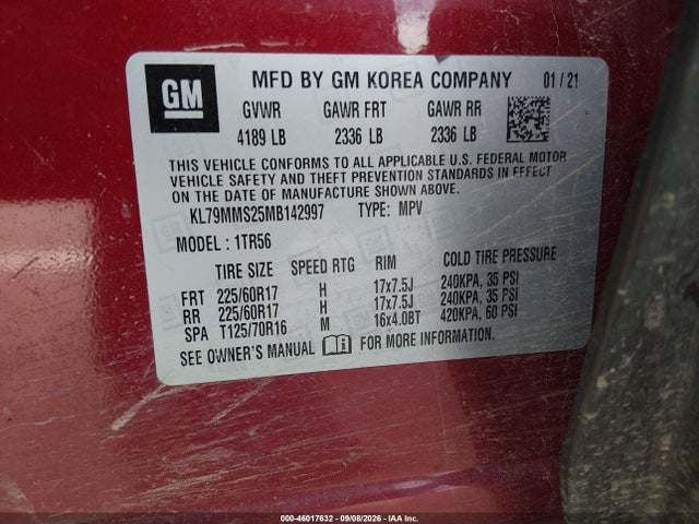 Продаж на аукціоні авто 2021 Chevrolet Trailblazer Fwd Ls, vin: KL79MMS25MB142997, номер лоту: 46017632