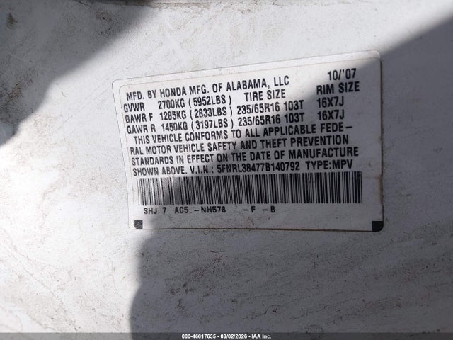 Aukcja sprzedaży 2007 Honda Odyssey Ex, vin: 5FNRL38477B140792, numer aukcji: 46017635