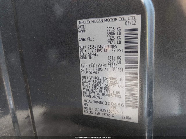 46017648 :رقم المزاد ، 5N1AL0MM4DC300486 vin ، 2013 Infiniti Jx35 مزاد بيع