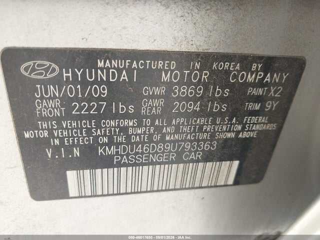 Aukcja sprzedaży 2009 Hyundai Elantra Gls, vin: KMHDU46D89U793363, numer aukcji: 46017650