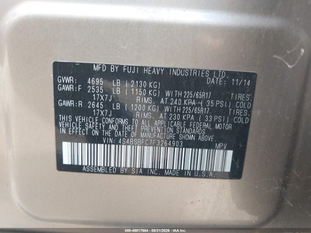 2015 Subaru Outback 2.5i Premium მანქანა იყიდება აუქციონზე, vin: 4S4BSBFC7F3264903, აუქციონის ნომერი: 46017664