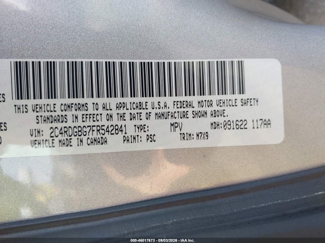 2015 Dodge Grand Caravan Se მანქანა იყიდება აუქციონზე, vin: 2C4RDGBG7FR542841, აუქციონის ნომერი: 46017673