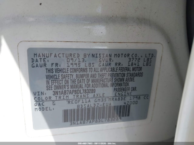 Продажа на аукционе авто 2013 Nissan Sentra Sv, vin: 3N1AB7AP8DL783289, номер лота: 46017683