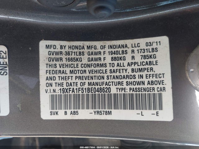 Aukcja sprzedaży 2011 Honda Civic Lx, vin: 19XFA1F51BE048620, numer aukcji: 46017684