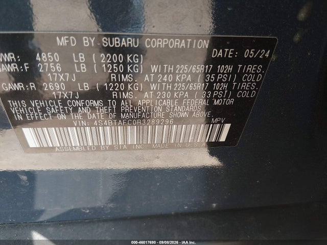 Aukcja sprzedaży 2024 Subaru Outback Premium, vin: 4S4BTAFC0R3289296, numer aukcji: 46017690