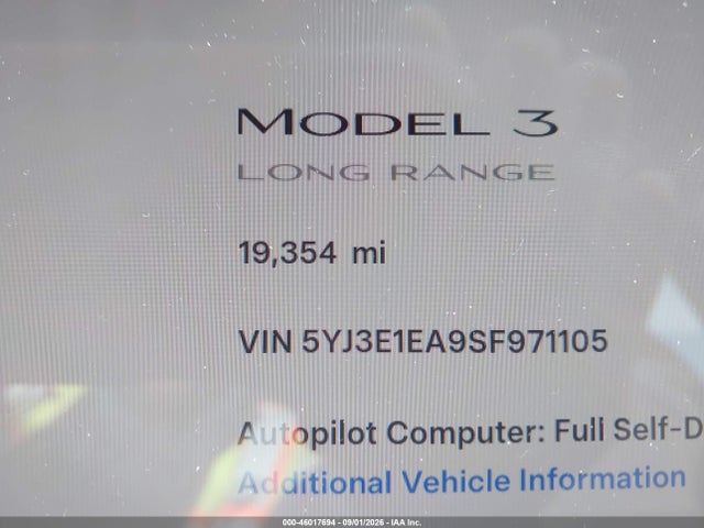 5YJ3E1EA9SF971105 Tesla Model 3 Long Range Rear-wheel Drive/standard Rear-wheel Drive
